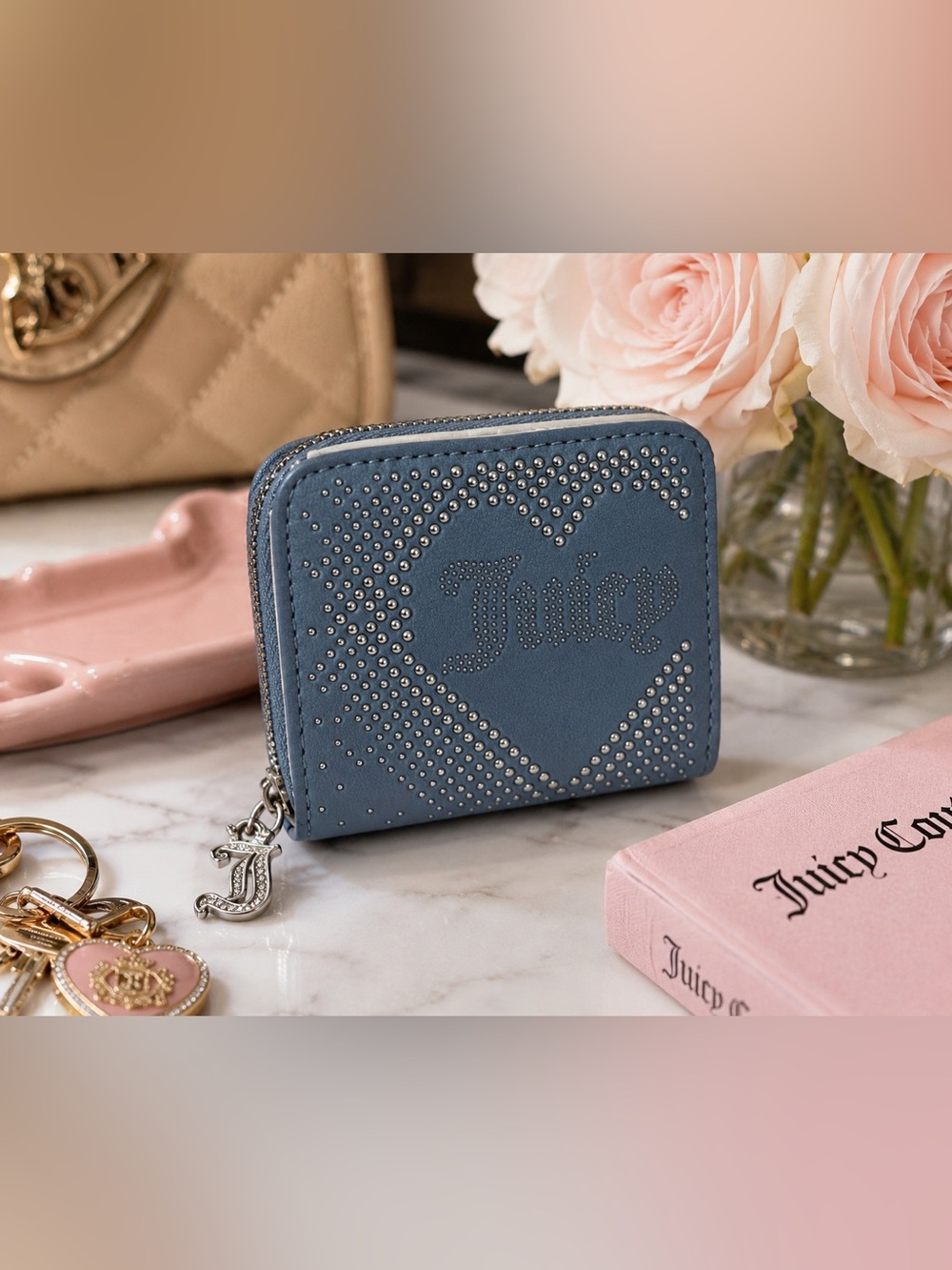 Juicy Couture Blue Studded Heart Zip Around Wallet Coin Purse Card Holder